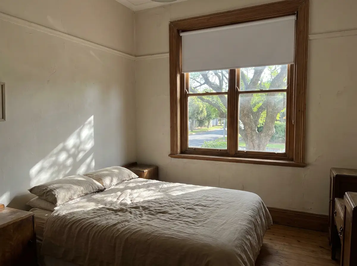 Blockout roller blind half-lowered against midday sun in a Parkwood bungalow bedroom