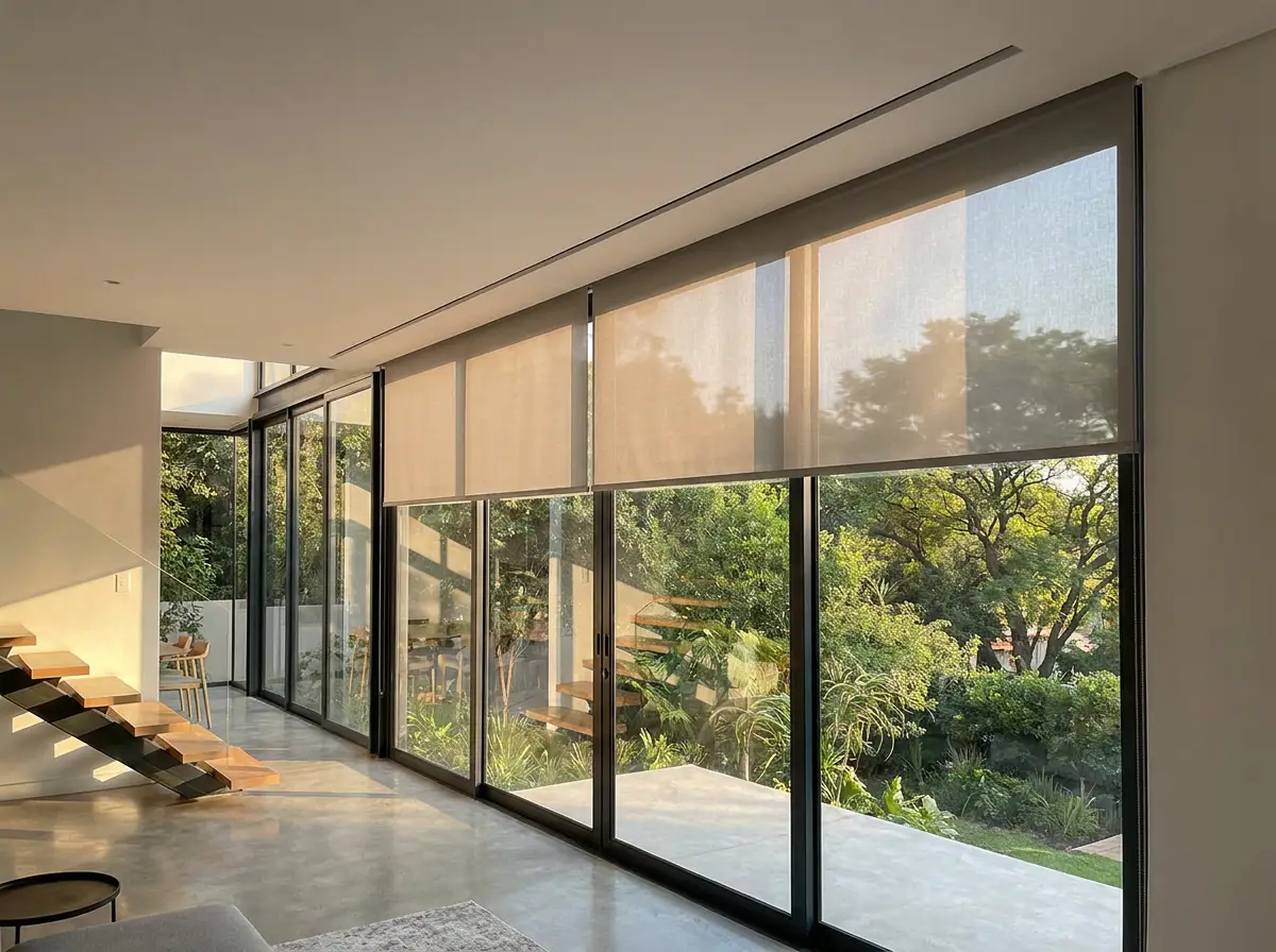 Concealed recessed blind in a slim ceiling slot above a glass wall in a Craighall Park extension