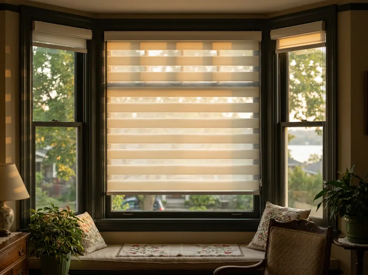 Day/night zebra blind filtering golden-hour light through a heritage bay window in Parkview