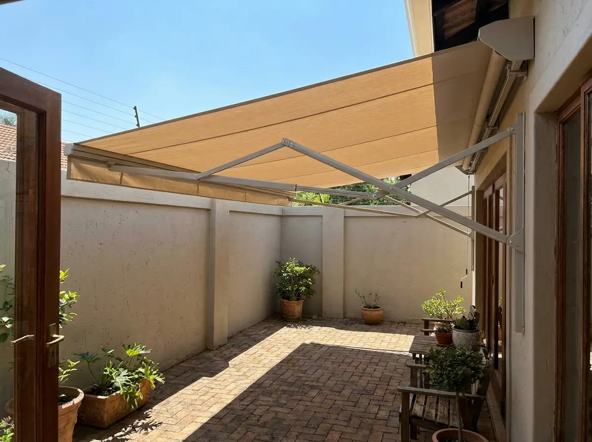 Folding-arm awning fully extended with visible arms over a small Parkhurst courtyard patio