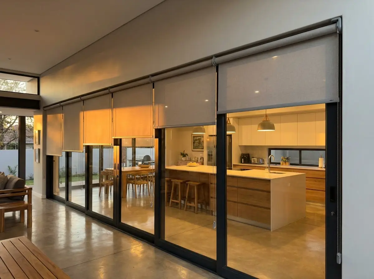 A wall of motorised roller blinds across a Parkhurst kitchen extension window at evening light