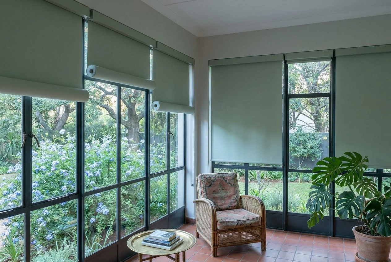 Sage-green motorised roller blinds set at different heights across the steel windows of an enclosed Parktown North garden room, plumbago flowering outside