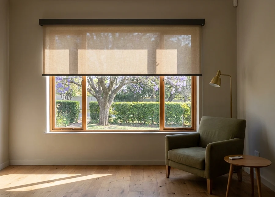 Motorised roller blind in oatmeal linen weave lowered two thirds down a wide Parkwood picture window, its charcoal headbox fixed hard to the lintel