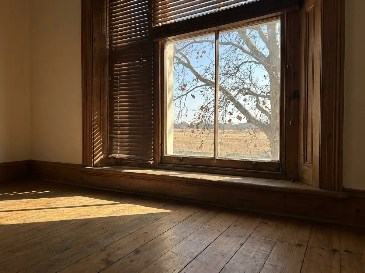 Timber venetian blind angled against low winter sun in a Parktown North sash window