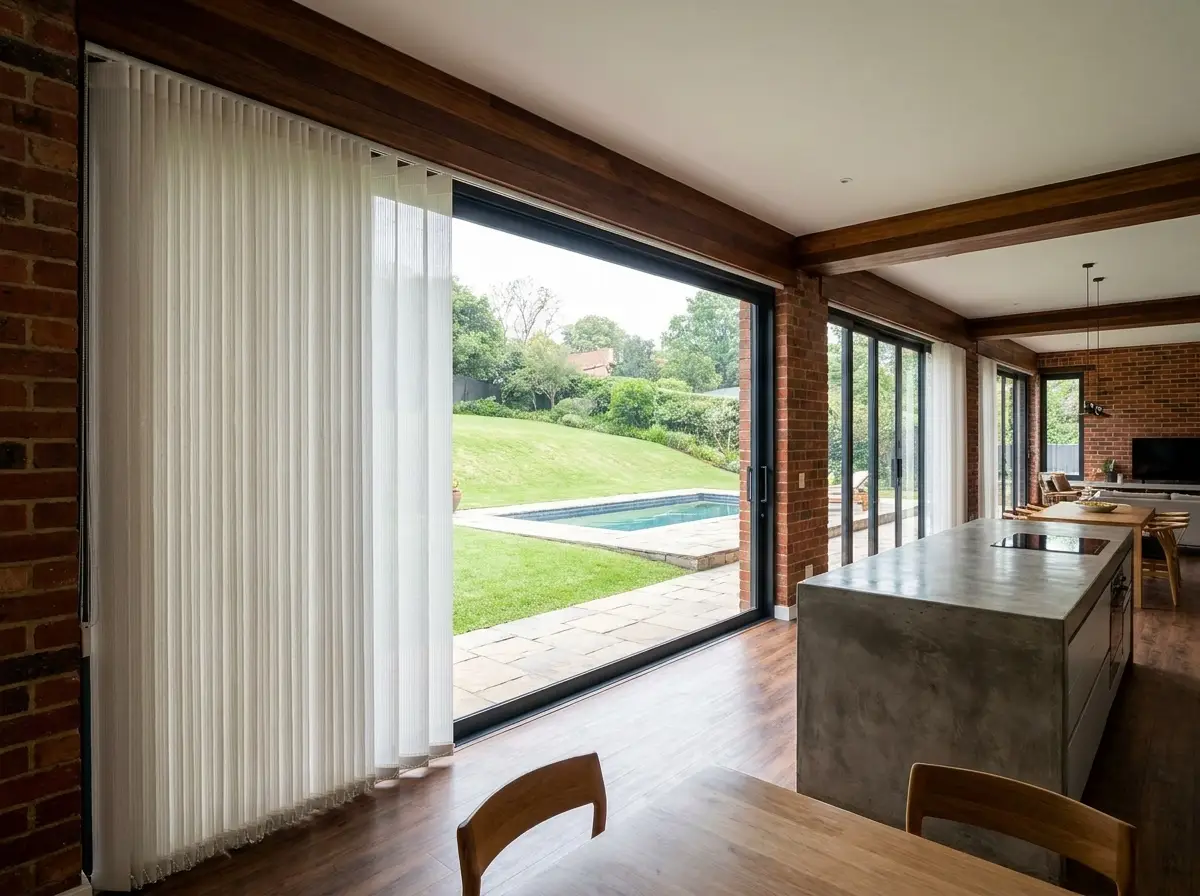 Vertical panel blinds spanning wide glass-stacked sliding doors in a Craighall Park extension