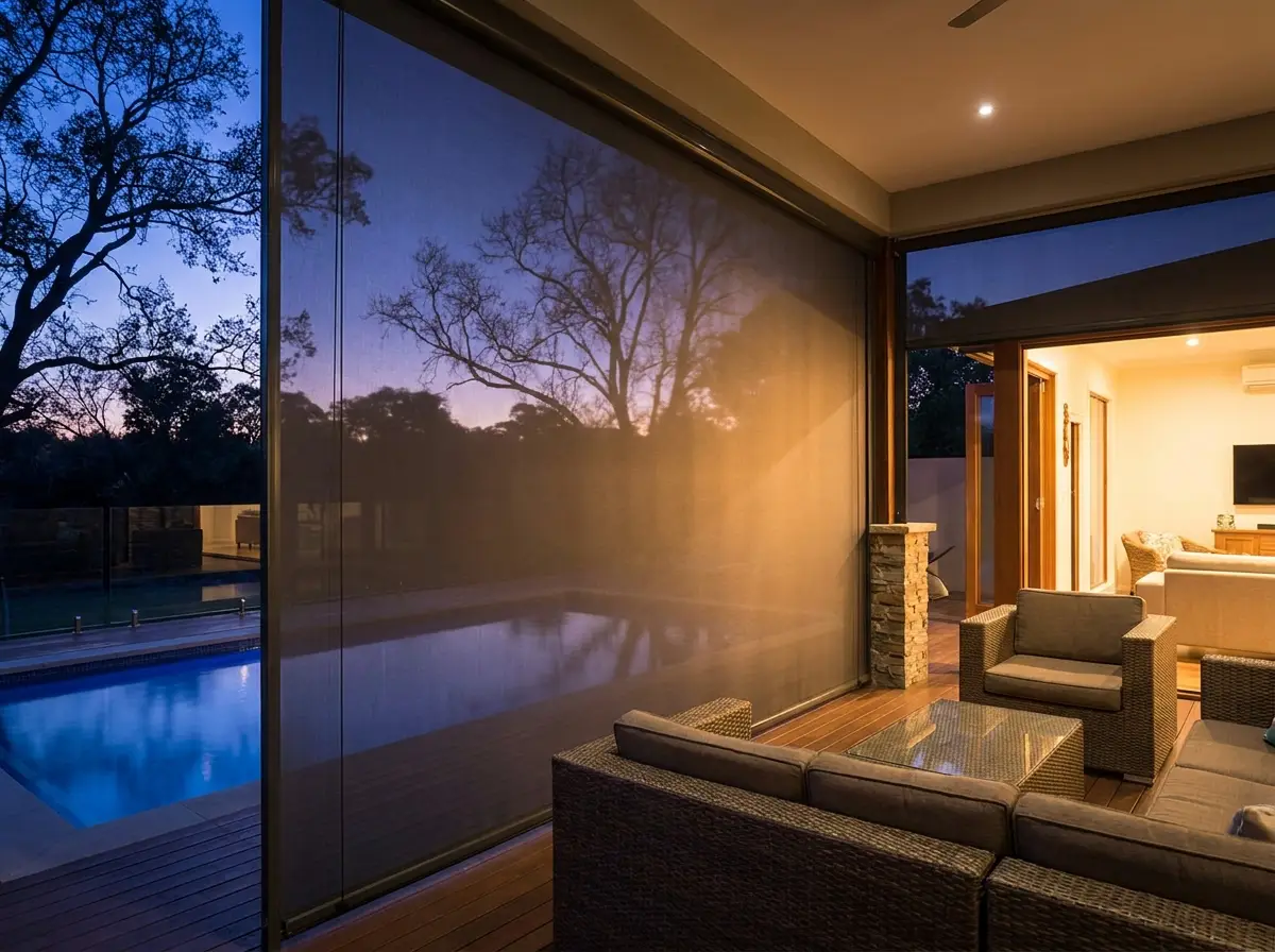 Zip screen lowered in its side channels enclosing a Craighall Park pool-deck patio at dusk